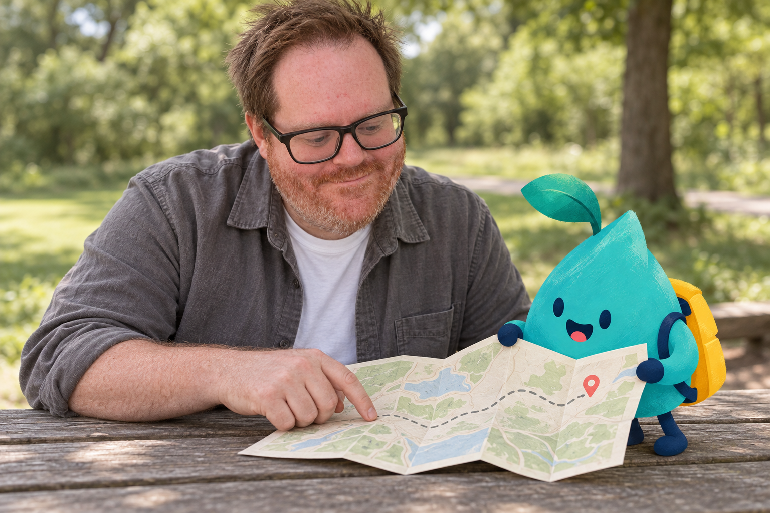 Kyle and Explorer looking at a map together.